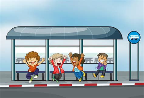 Four Happy Kids At The Waiting Shed Stock Illustration - Download Image ...