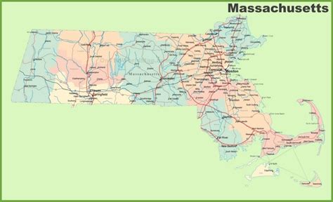 Road map of Massachusetts with cities