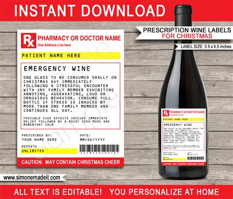 Christmas Prescription Wine Bottle Labels template, Secret Santa Gag Gift