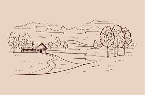 Premium Vector | Rural landscape with road and tree Hand drawn illustration converted to vector