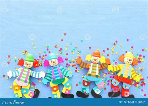 Party Colorful Noisemaker Cute Clown Doll Over Blue Wooden Background ...