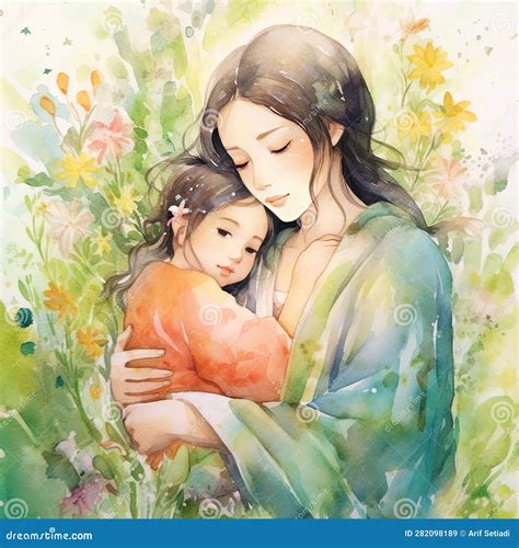 Colorful Watercolor Painting of a Mother with Her Child Stock ...