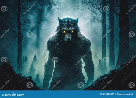 Werewolf, with Its Eyes Glowing in the Night, Looking Out Over a Misty ...