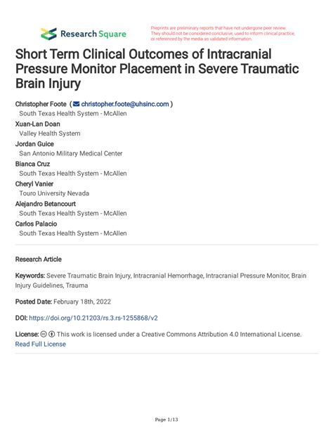 (PDF) Short Term Clinical Outcomes of Intracranial Pressure Monitor Placement in Severe ...