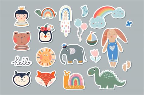 Premium Vector | Kids stickers set with different cute elements