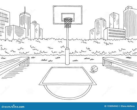 Basketball Court Street Sport Graphic Black White City Landscape Sketch Illustration Vector ...