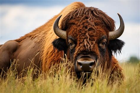 Premium AI Image | a bison with large horns laying in a field