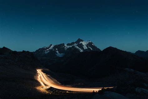 mountain, Road, Long Exposure, Light Trails, Stars, Night, Sky, Nature, Landscape, Snowy Peak ...