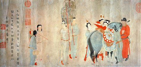 Tang Dynasty Scroll, Emperor Xuanzong -712-756- watching his favourite Yang Guifei a horse ...
