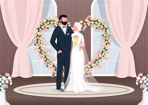 Premium Vector | Muslim newlyweds flat color illustration