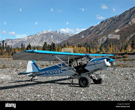 A Piper Super Cub bush plane along a river bed in the Yakutat District ...