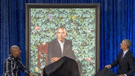 Former President Barack Obama, right, and Artist Kehinde Wiley, left, unveil Obama's official ...