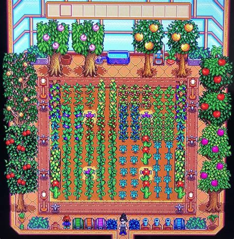 SV Interior Design: Greenhouse layout with all fruit trees and reproducing crops. : StardewValley