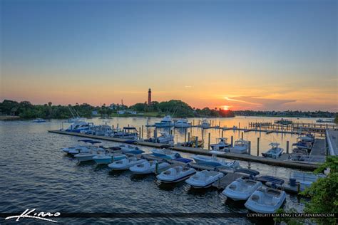 Jupiter Inlet Lighthouse Sunrise at Marina | Royal Stock Photo