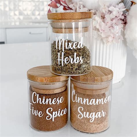 Spice Jars with labels//75ml Glass Jar With Bamboo Lid//Spice | Etsy