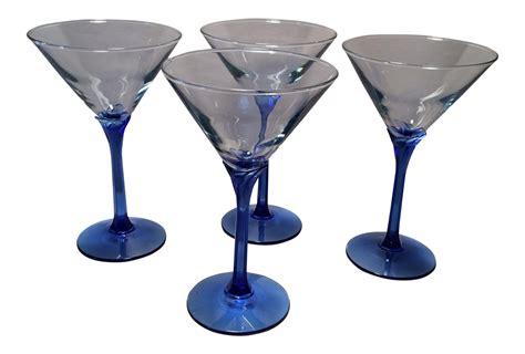 Vintage Crystal Blue Stems Martini Glasses - Set of 4 | Chairish