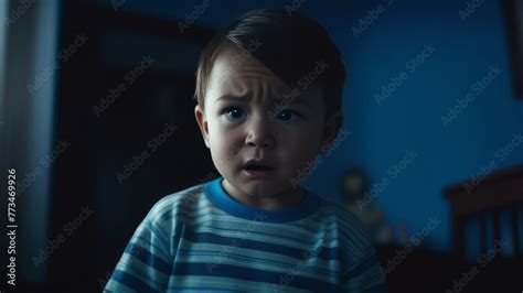 Portrait mongoloid little kid crying and tears. Asian boy have sad emotion and facial ...