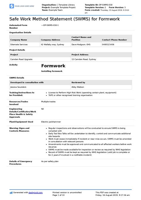 Formwork Safe Work Method Statement (Free formwork SWMS)