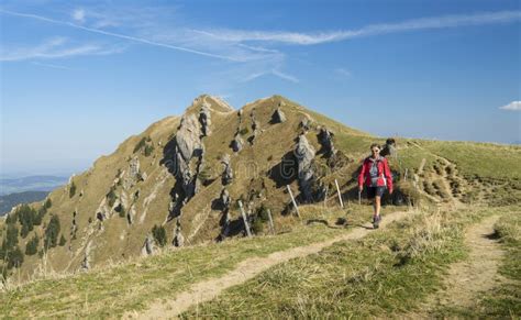 Woman Hiking in the Allgaeu Mountains, Germany Stock Image - Image of oberstaufen, allgaeu ...