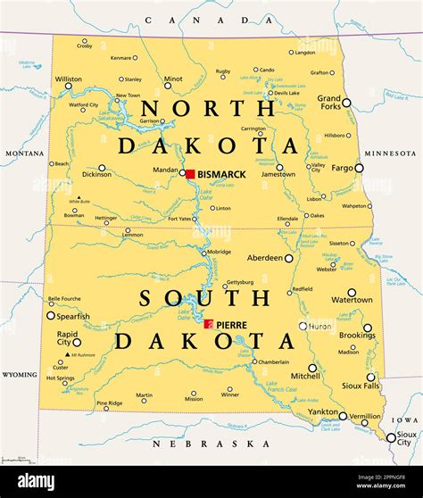 The Dakotas, the US states North Dakota and South Dakota, political map ...