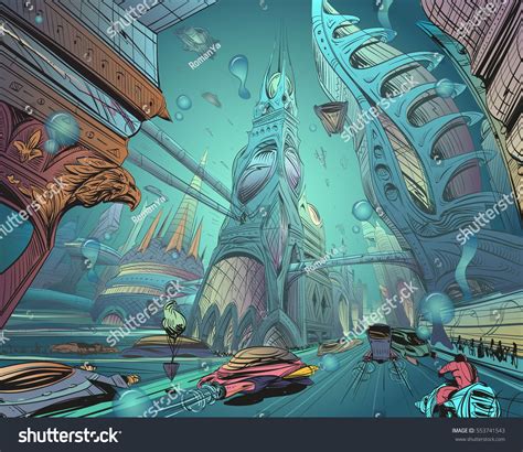 Underwater fantastic city. Concept art illustration. Sketch gaming design. Fantastic vehicles ...