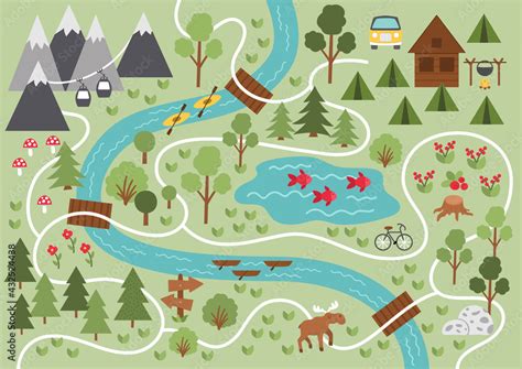 Camping map. Summer camp background. Vector nature clip art or infographic elements with ...