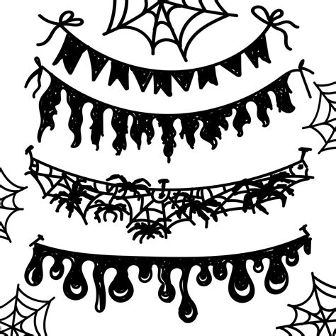 Halloween party flag streamer set. Hand drawn doodle style flags in black. Torn pieces of fabric ...