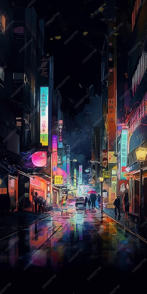 Premium AI Image | A street in the night with neon signs