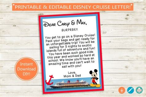 Disney Cruise Trip Reveal Printable Letter // Adobe Editable - Etsy