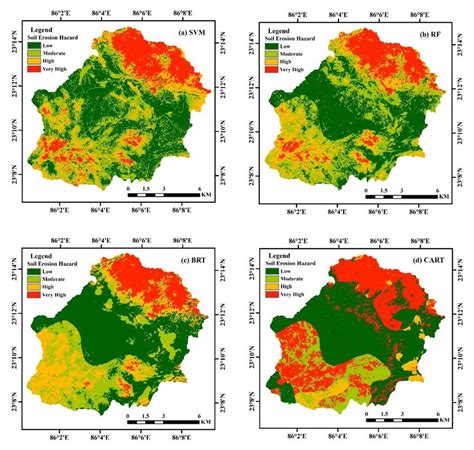 Soil erosion susceptibility maps in different models (a) SVM, (b) RF ...