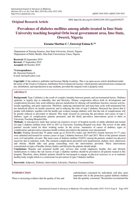 (PDF) Prevalence of diabetes mellitus among adults treated in Imo State ...