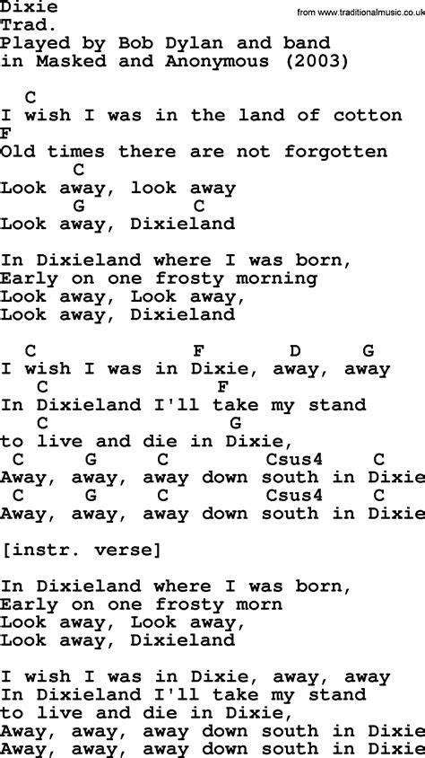 Bob Dylan song - Dixie, lyrics and chords