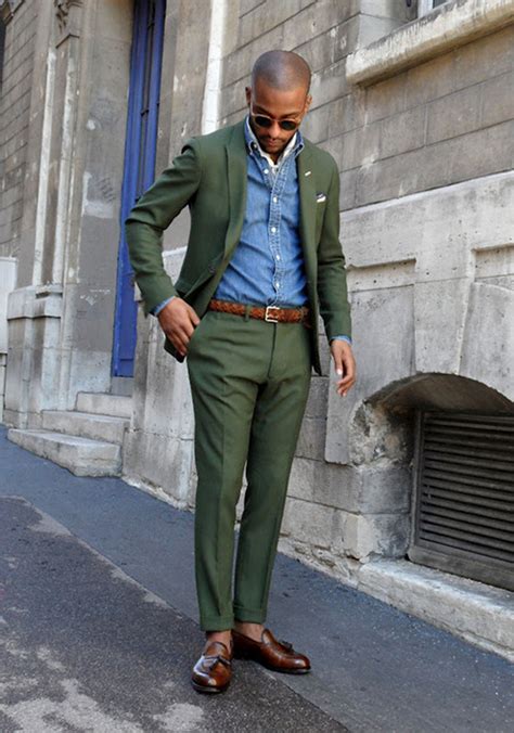 Green Suit, Denim Shirt, Brown Loafers | Well dressed men, Green suit ...