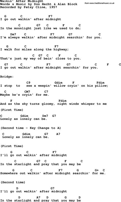 Song lyrics with guitar chords for Walkin' After Midnight - Patsy Cline ...