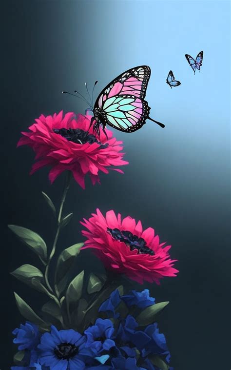 a butterfly flying over pink and blue flowers