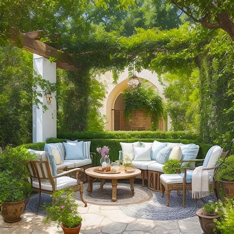 Premium Photo | A Mediterranean inspired outdoor patio with comfortable ...