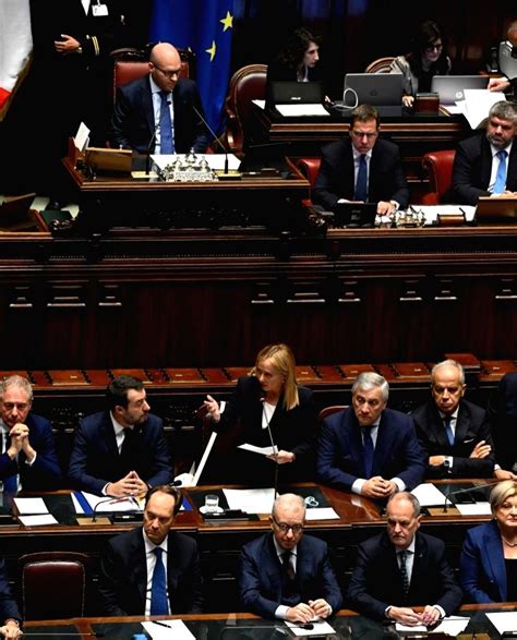 Italian Prime Minister Giorgia Meloni (C) addresses the lower house of ...