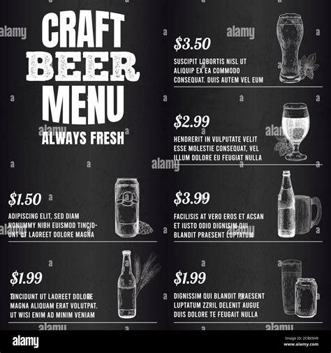 Pub menu. Beer drink menu for restaurant or cafe template design. Glasses, mugs and barrel ...