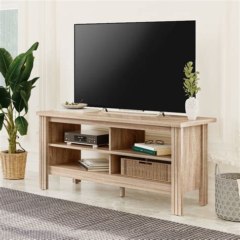 Wampat Farmhouse TV Stand for 50 inch Flat Screen, Living Room Storage Shelves Oak Wood ...