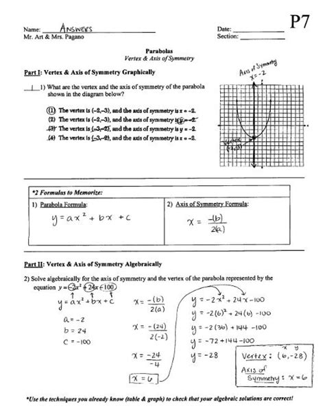 Parabola - Vertex & Axis of Symmetry - Worksheet - P7