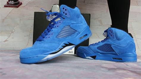 How Look At Air Jordan 5 Blue Suede On Feet Show - YouTube