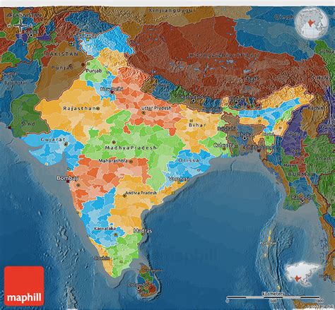 Political 3D Map of India, darken