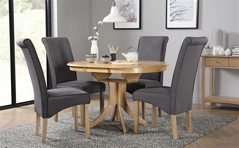 Hudson Round Oak Extending Dining Table with 6 Stamford Slate Fabric ...