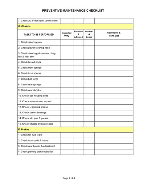 Preventive maintenance check sheet in Word and Pdf formats - page 2 of 4