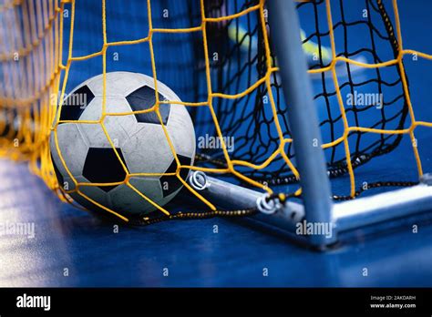 Indoor Soccer Futsal Ball On Goal With Net And Blue Background. Indoor Football Background Stock ...