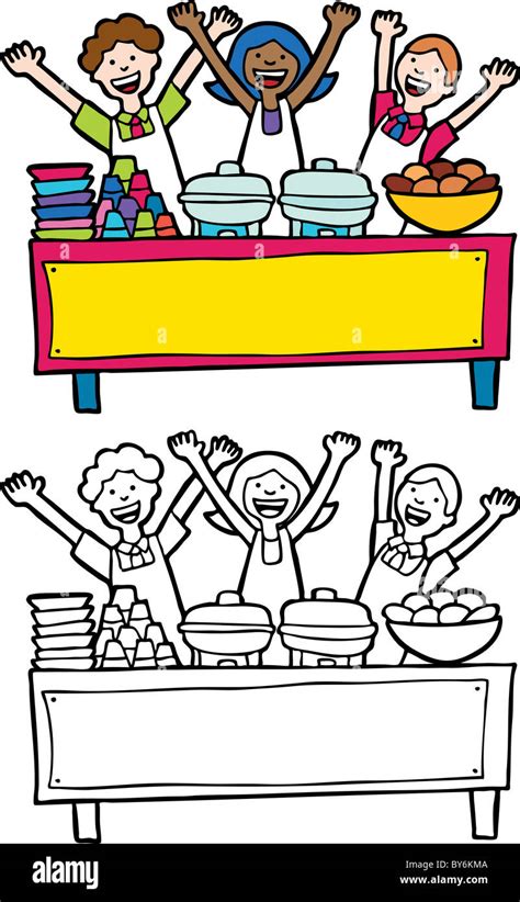 Cartoon image of servers at a buffet table with blank banner - both color and black / white ...