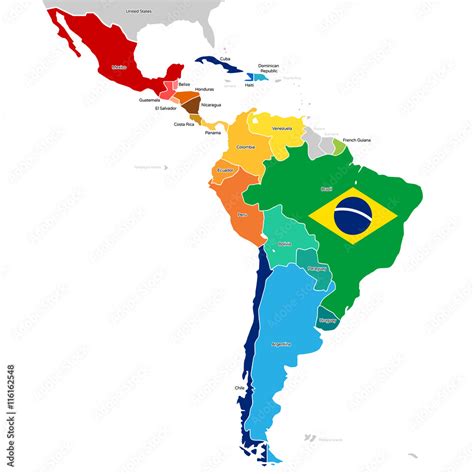 Countries of Latin America with names. Simplified vector map and Brazil flag. Stock Vector ...