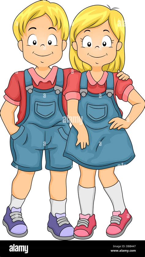 Illustration of Little Boy and Girl Twin Siblings Stock Photo - Alamy