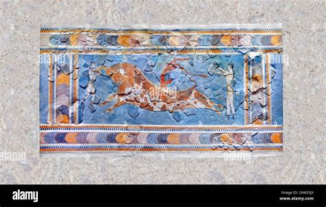 The Minoan 'Bull leaping' fresco depicting an athlete leaping over a bulls back, Knossos-Palace ...