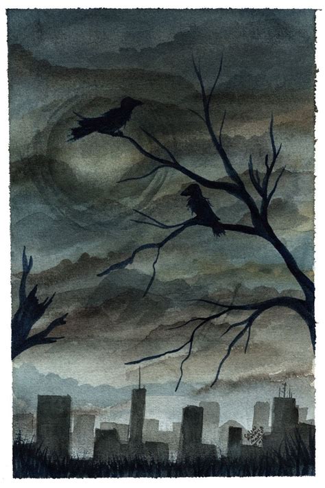 Dark Art Painting: Birds on Tree in City